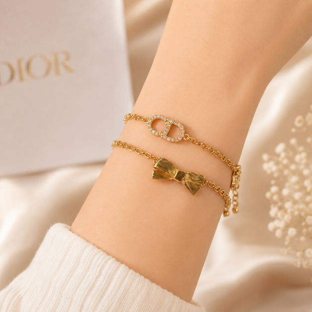 Dior CD Bow Bracelet – Gold-tone Finish Metal & Crystals